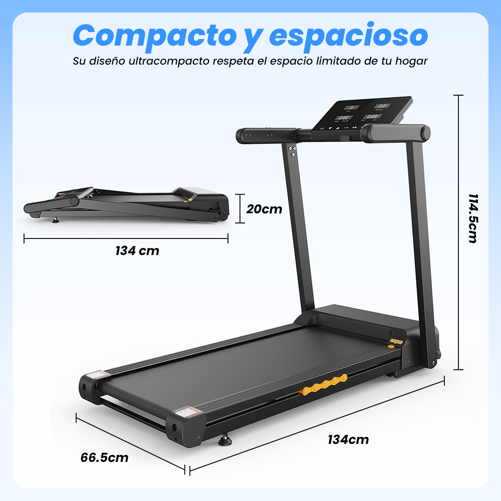 Caminadora plegable negra con medidas de largo, ancho, alto y estado plegado.