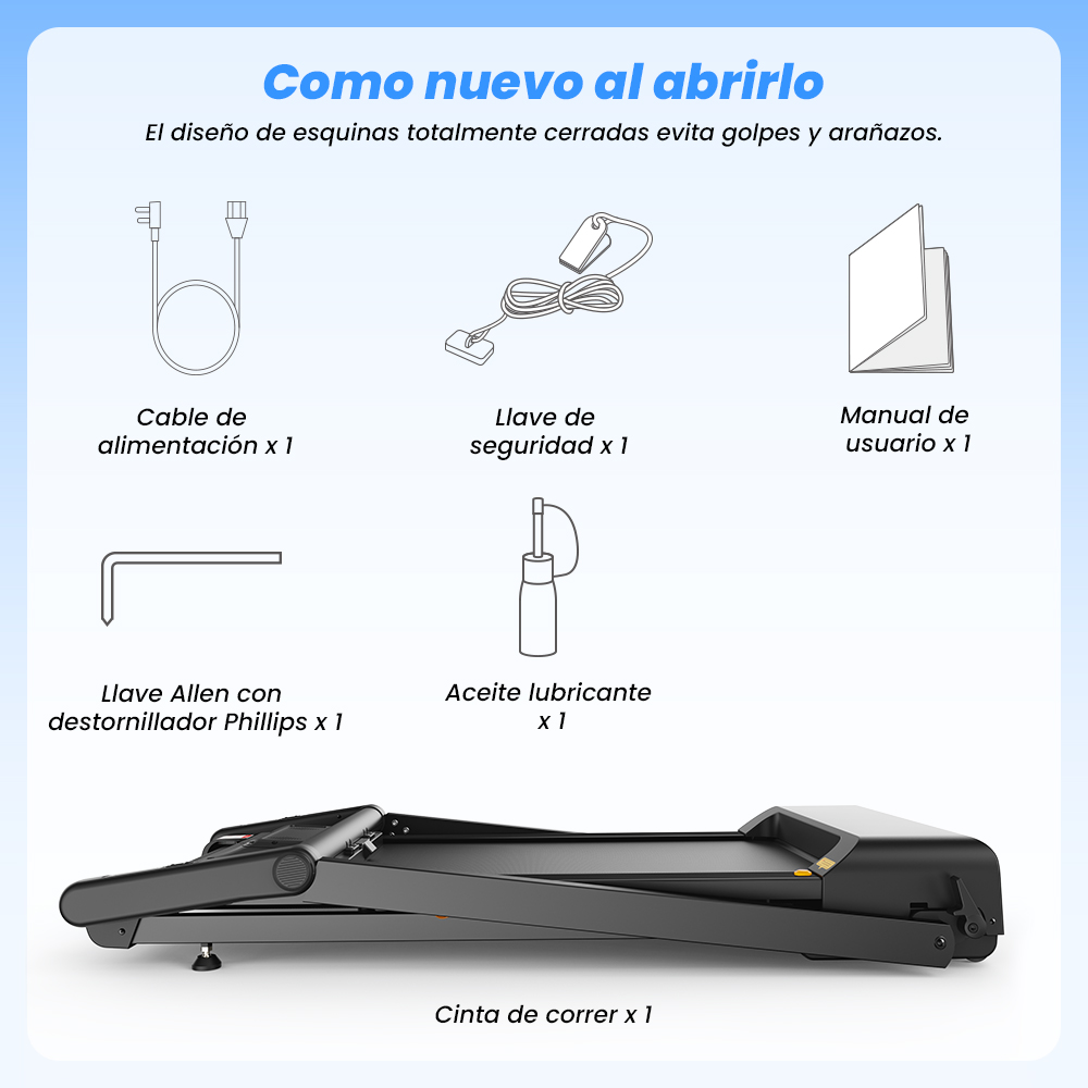 Diagrama que muestra los accesorios de la caminadora incluyendo cable, llave de seguridad, manual, llave Allen y aceite.