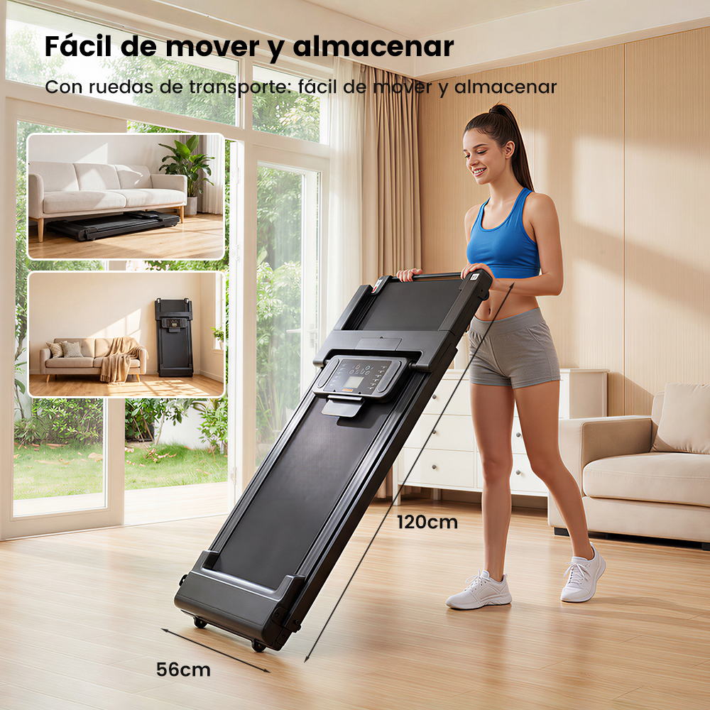 Una mujer mueve una caminadora negra plegada en una sala luminosa, con imágenes insertadas que muestran opciones de almacenamiento.
