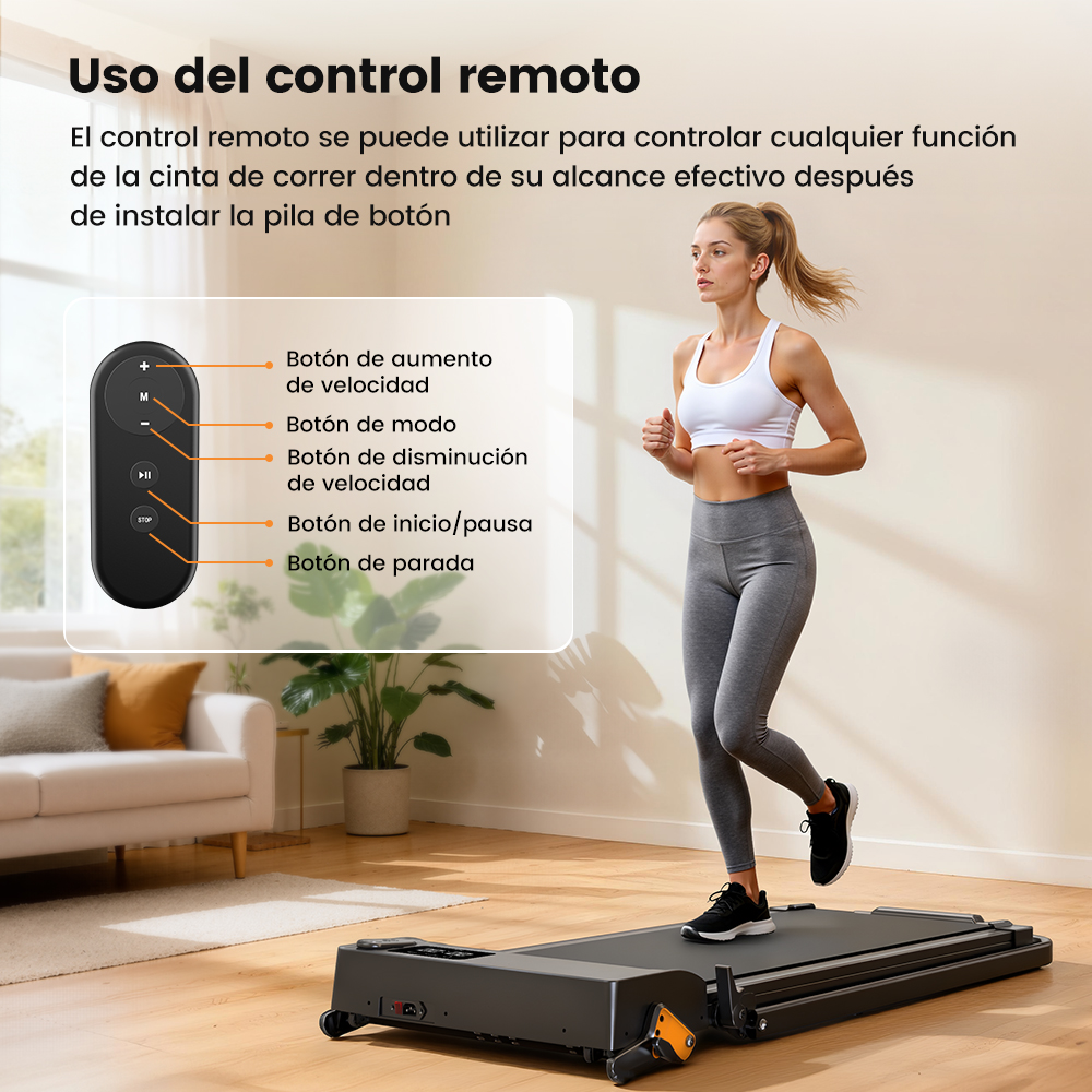 Una mujer corre en una caminadora en una habitación, con un inserto que muestra las funciones del control remoto.