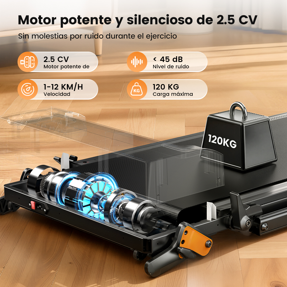 Cinta de correr con motor potente, menos de 45 dB, velocidad 1-12 km/h y 120 kg de carga.