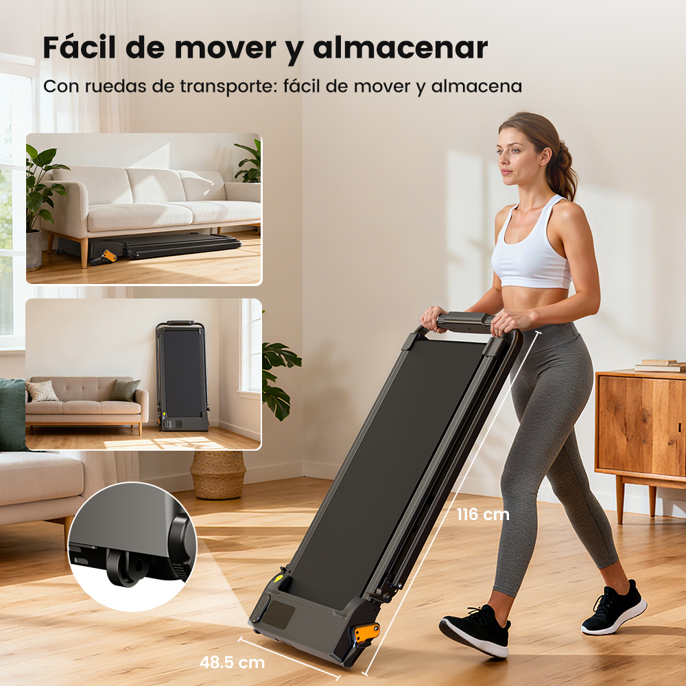 Mujer arrastra una caminadora plegada, imágenes muestran almacenamiento.