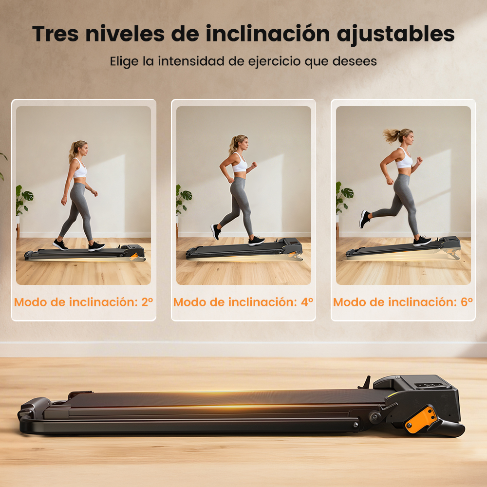 Tres imágenes muestran a una mujer en una caminadora con diferentes niveles de inclinación: 2, 4 y 6 grados.