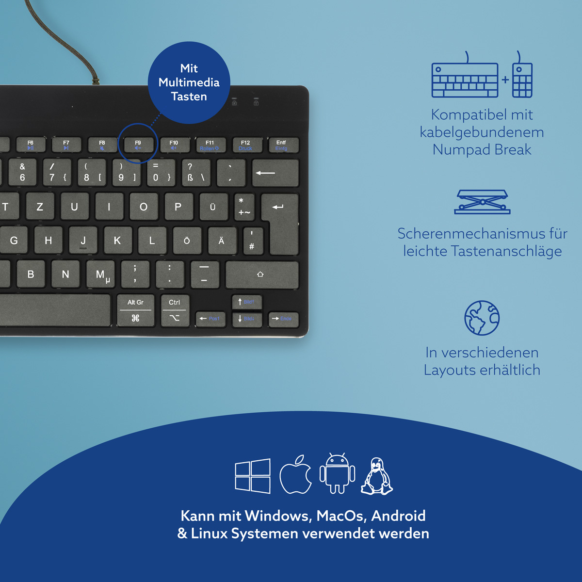 Tastiera nera con tasti multimediali, meccanismo a forbice, compatibile con Windows, MacOS, Android e Linux.