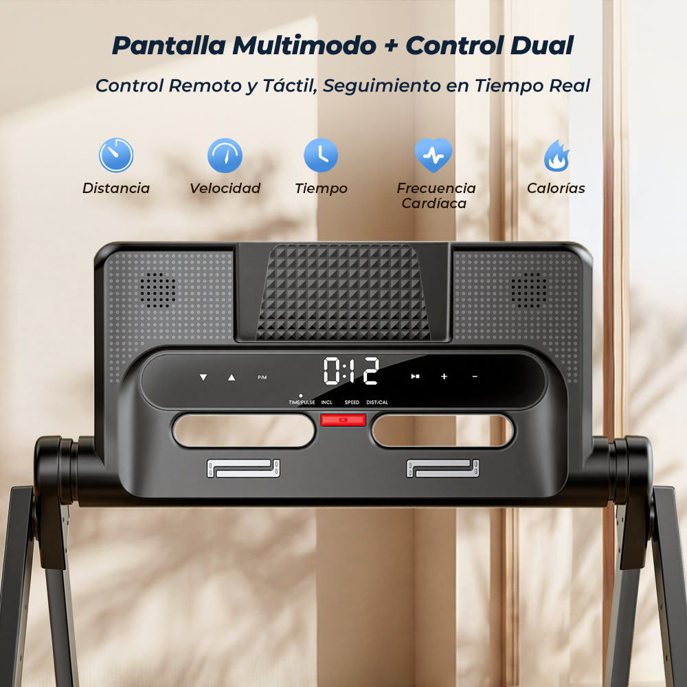 Consola de caminadora con pantalla digital, botones e iconos para distancia, velocidad, tiempo, pulso y calorías.