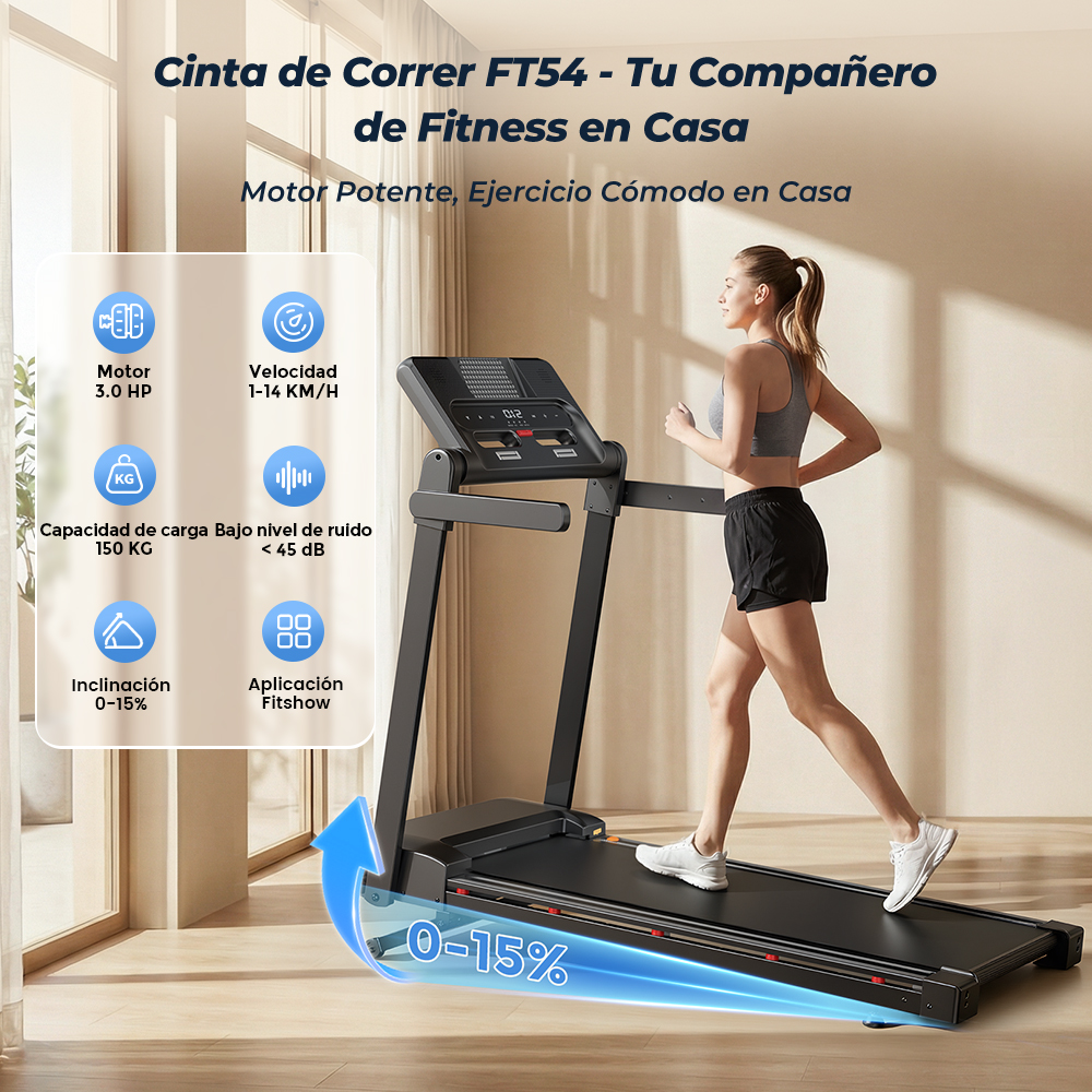 Una mujer corriendo en una caminadora FT54 negra con iconos de características y una flecha de inclinación 0-15%.