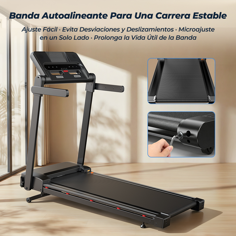 Una caminadora negra sobre suelo de madera. Dos imágenes insertadas muestran la banda y su ajuste.