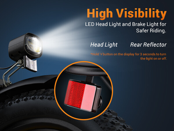 Faro a LED e catarifrangente posteriore rosso di una e-bike per alta visibilità.