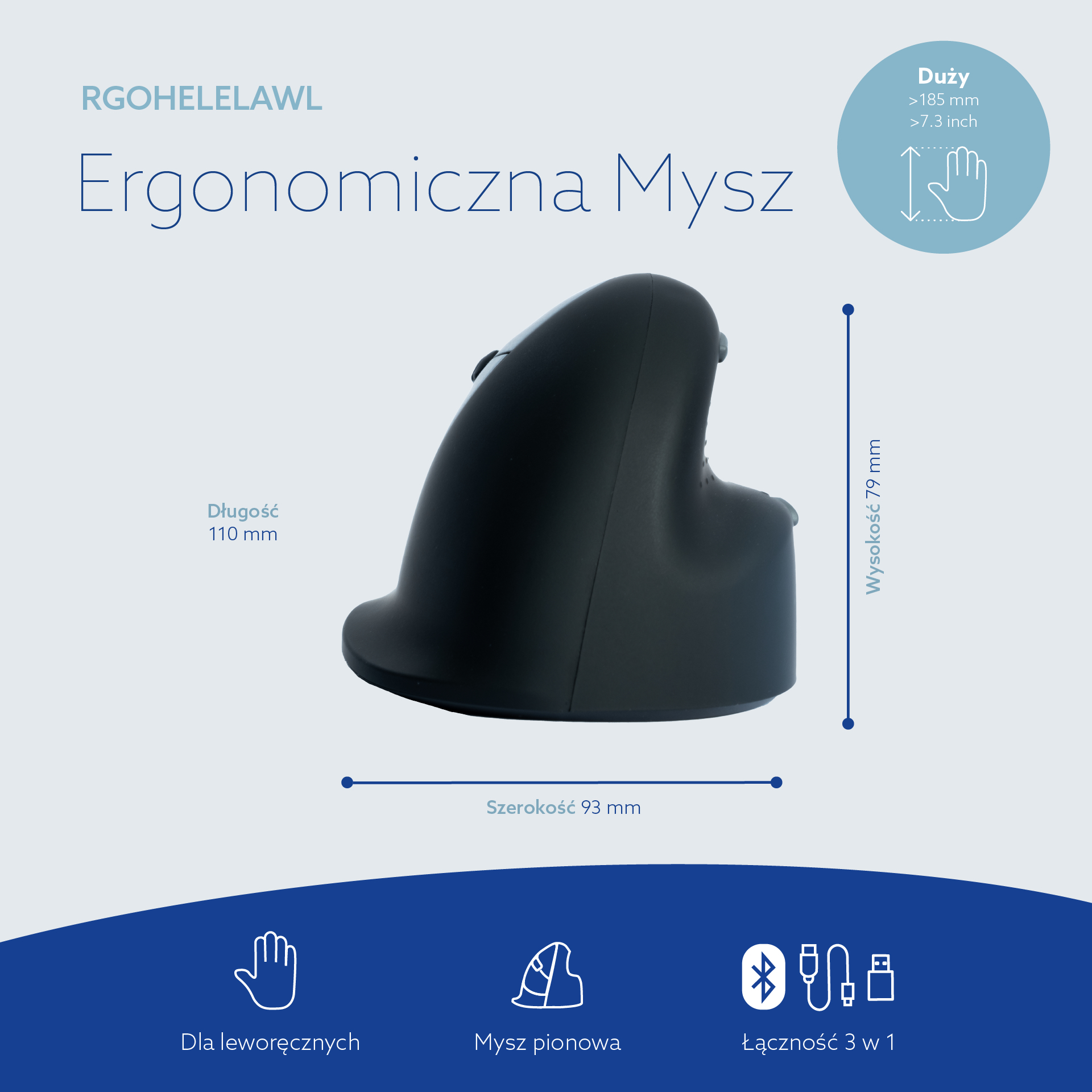 Un mouse verticale ergonomico con quote e icone su sfondo chiaro e blu.