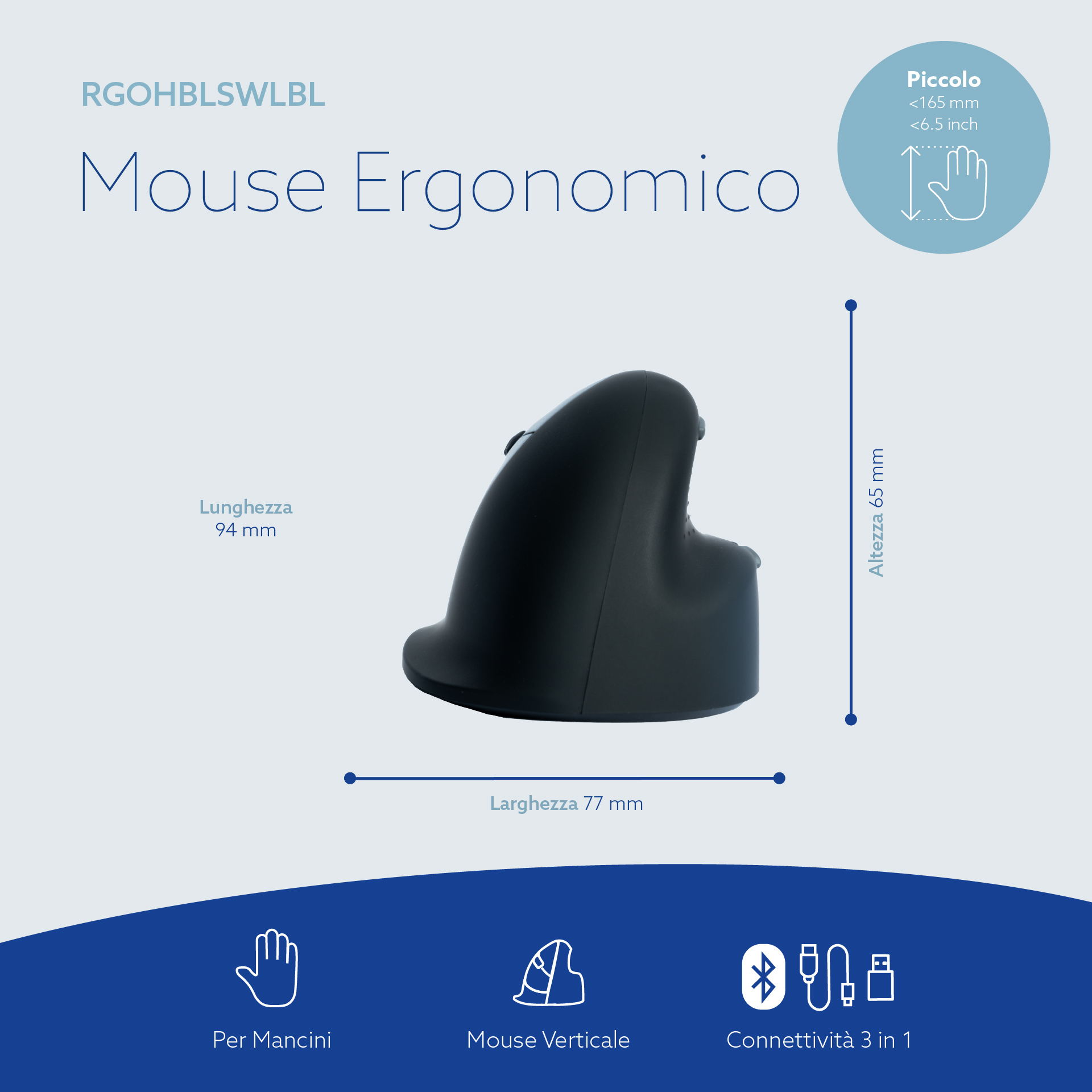 Un mouse verticale ergonomico con quote, titolo e icone su sfondo blu e bianco.