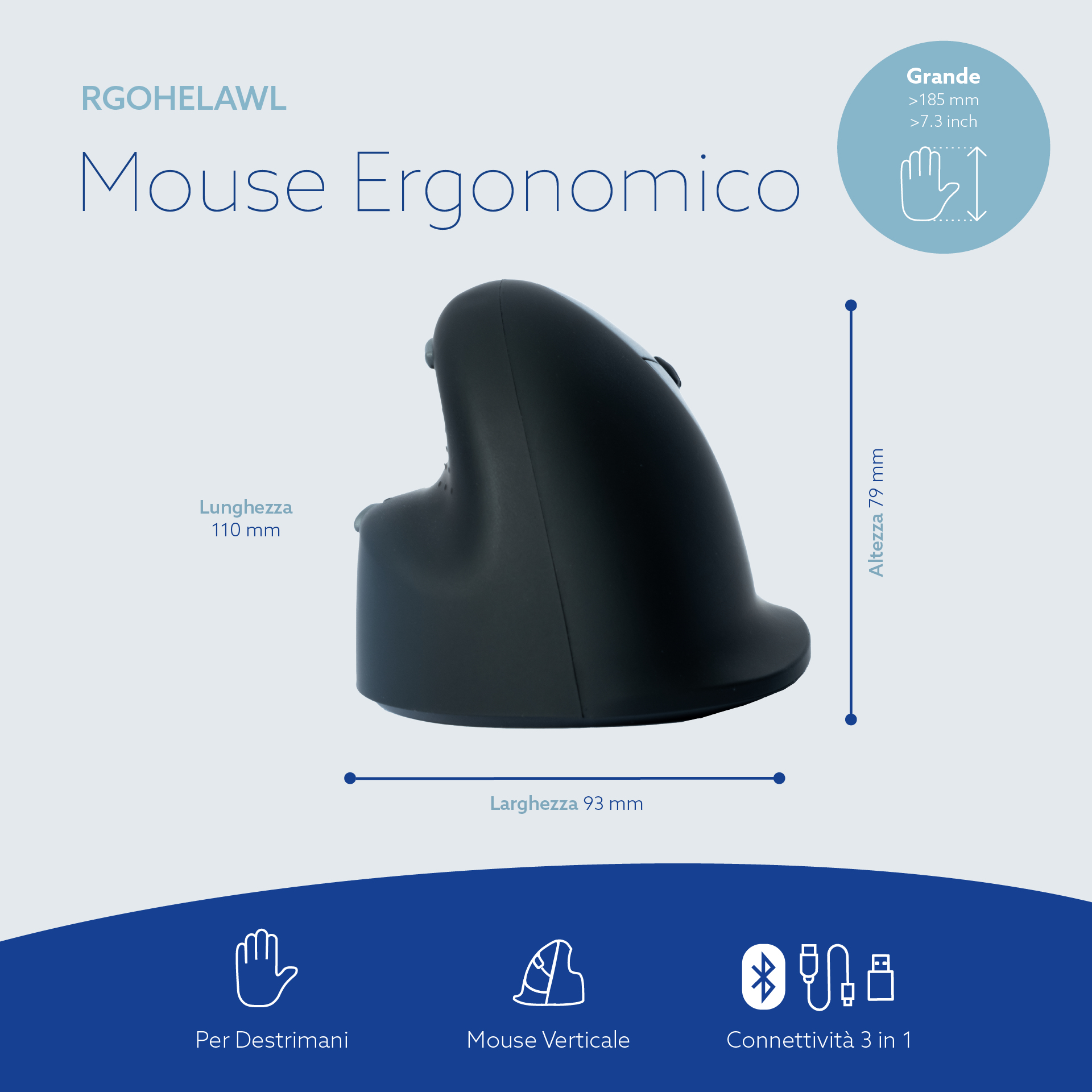 Mouse verticale nero ergonomico con dimensioni, simboli per destrimani e connettività 3 in 1.