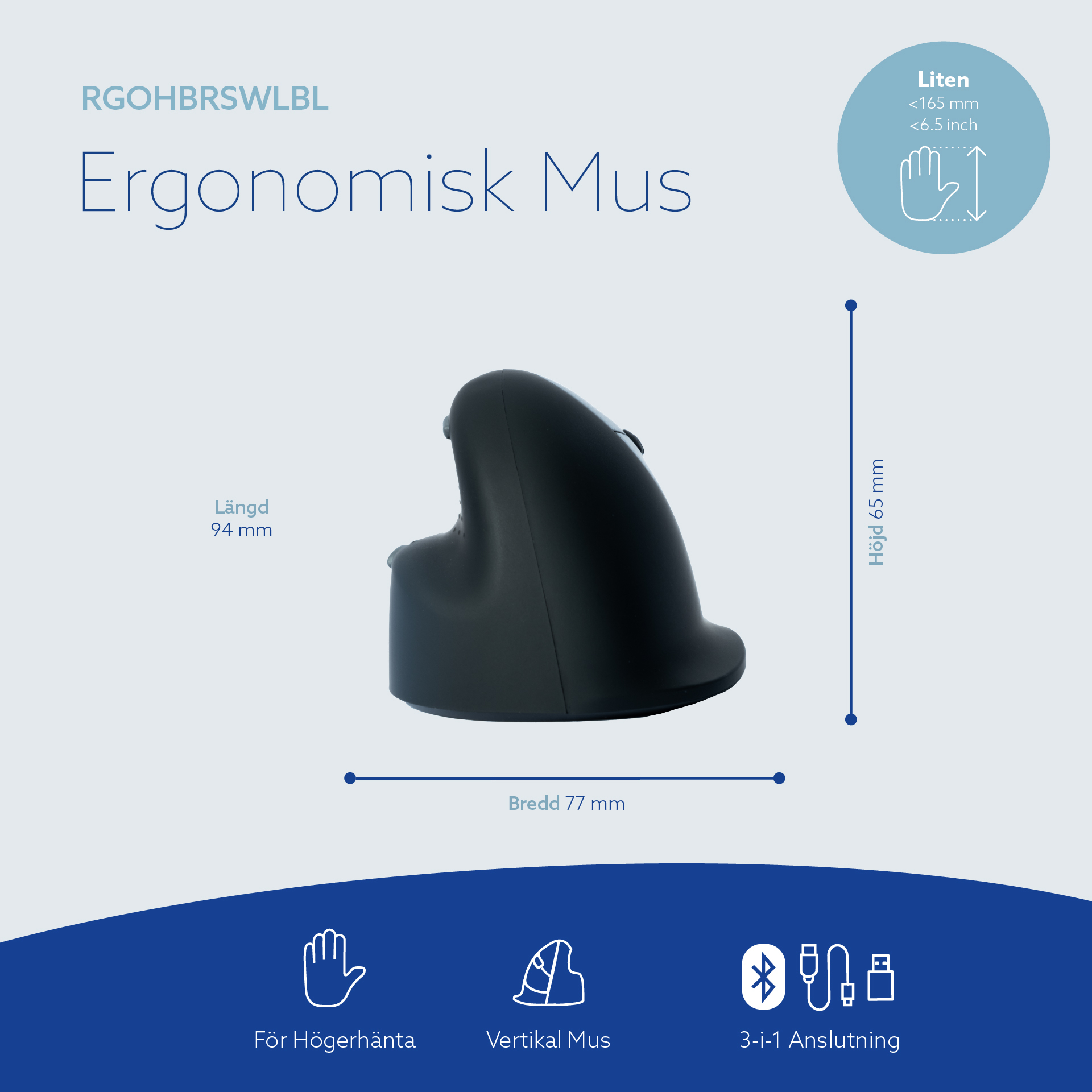 Mouse ergonomico verticale nero con dimensioni, icona Bluetooth e testo su sfondo blu e bianco.