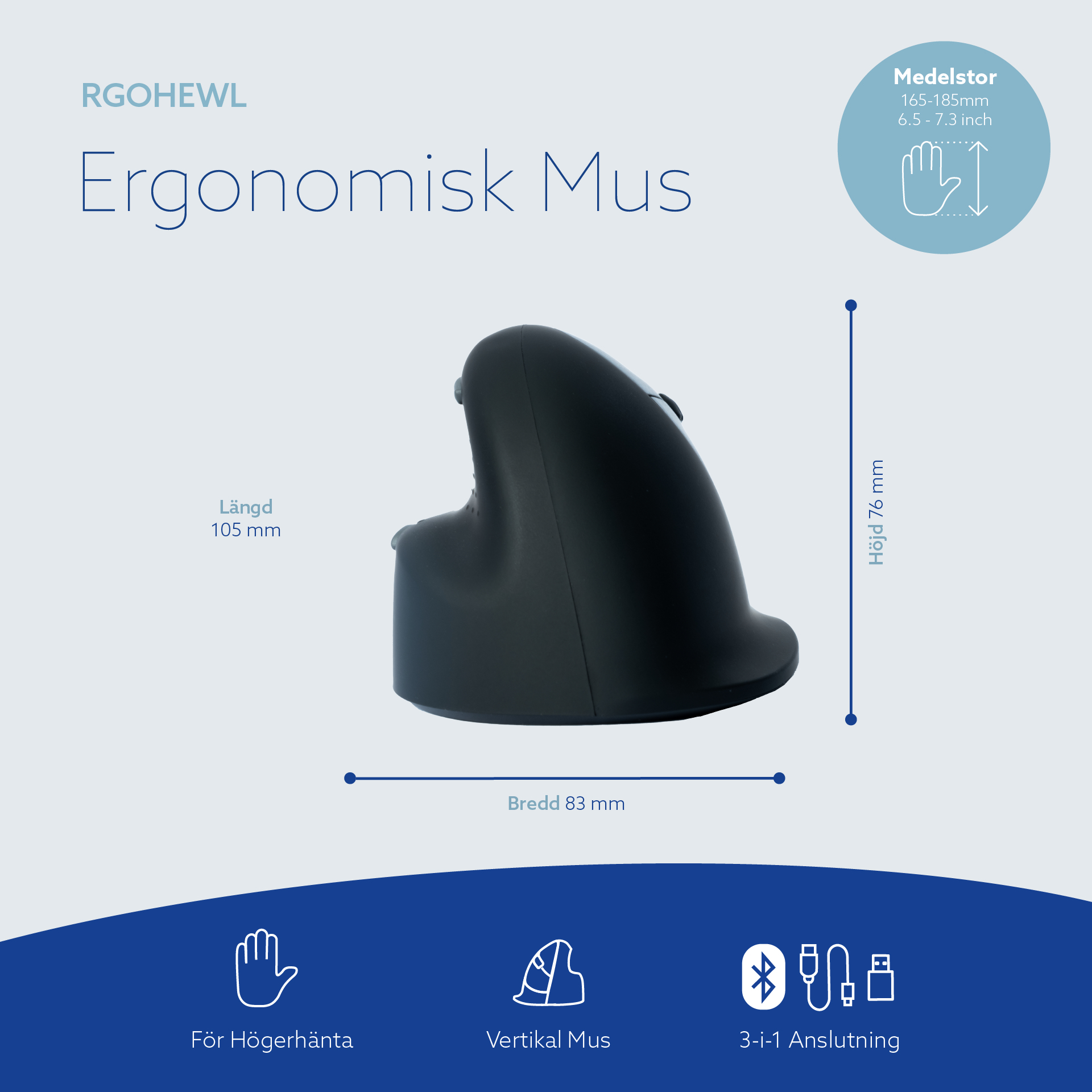 Mouse verticale ergonomico nero con dimensioni e icone su sfondo bianco e blu.