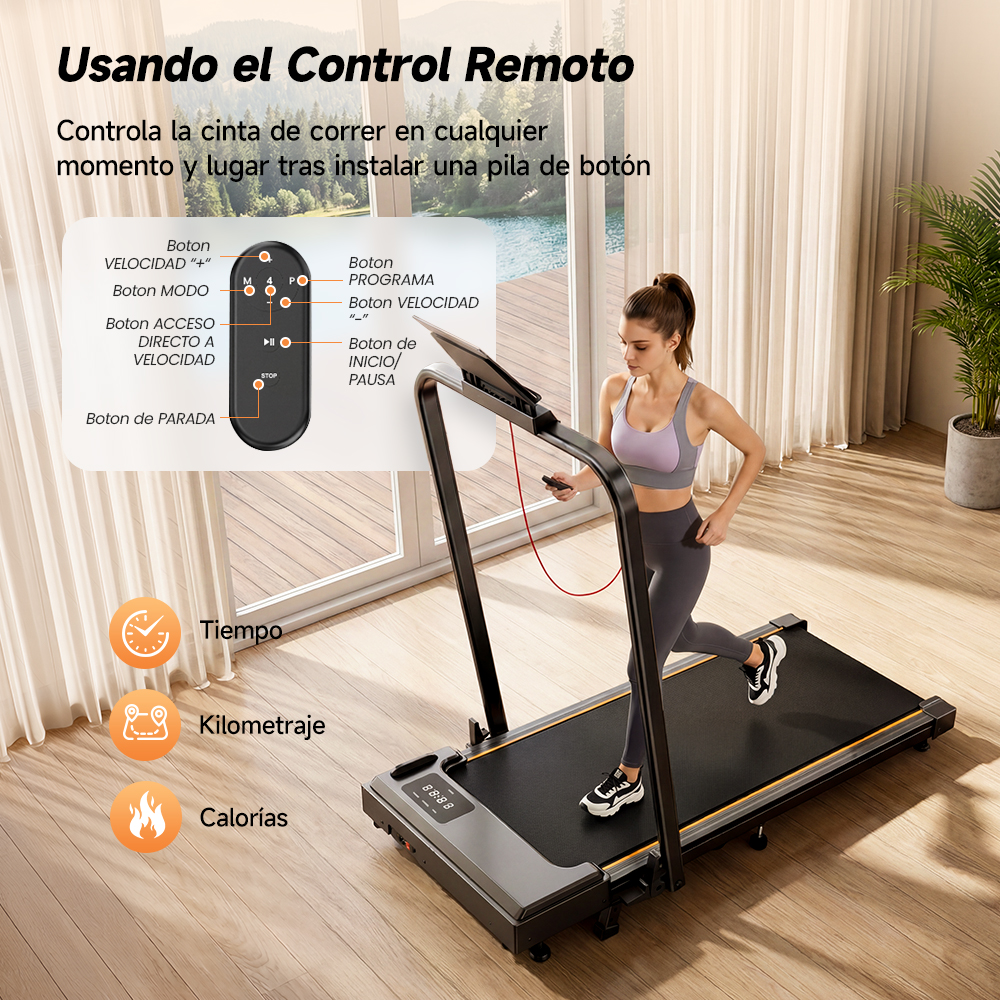 Una mujer corre en una caminadora frente a una ventana grande, con instrucciones de control remoto.