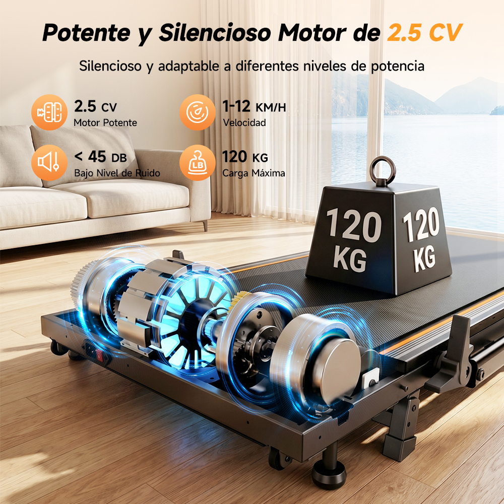 Gráfico de motor de caminadora con 2.5 CV, velocidad de 1-12 km/h, <lt/>45 dB y 120 kg de carga.