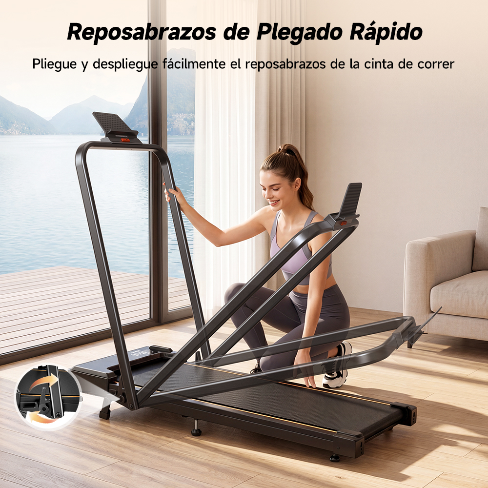 Una mujer en ropa deportiva pliega el reposabrazos de una cinta de correr con vistas al lago.