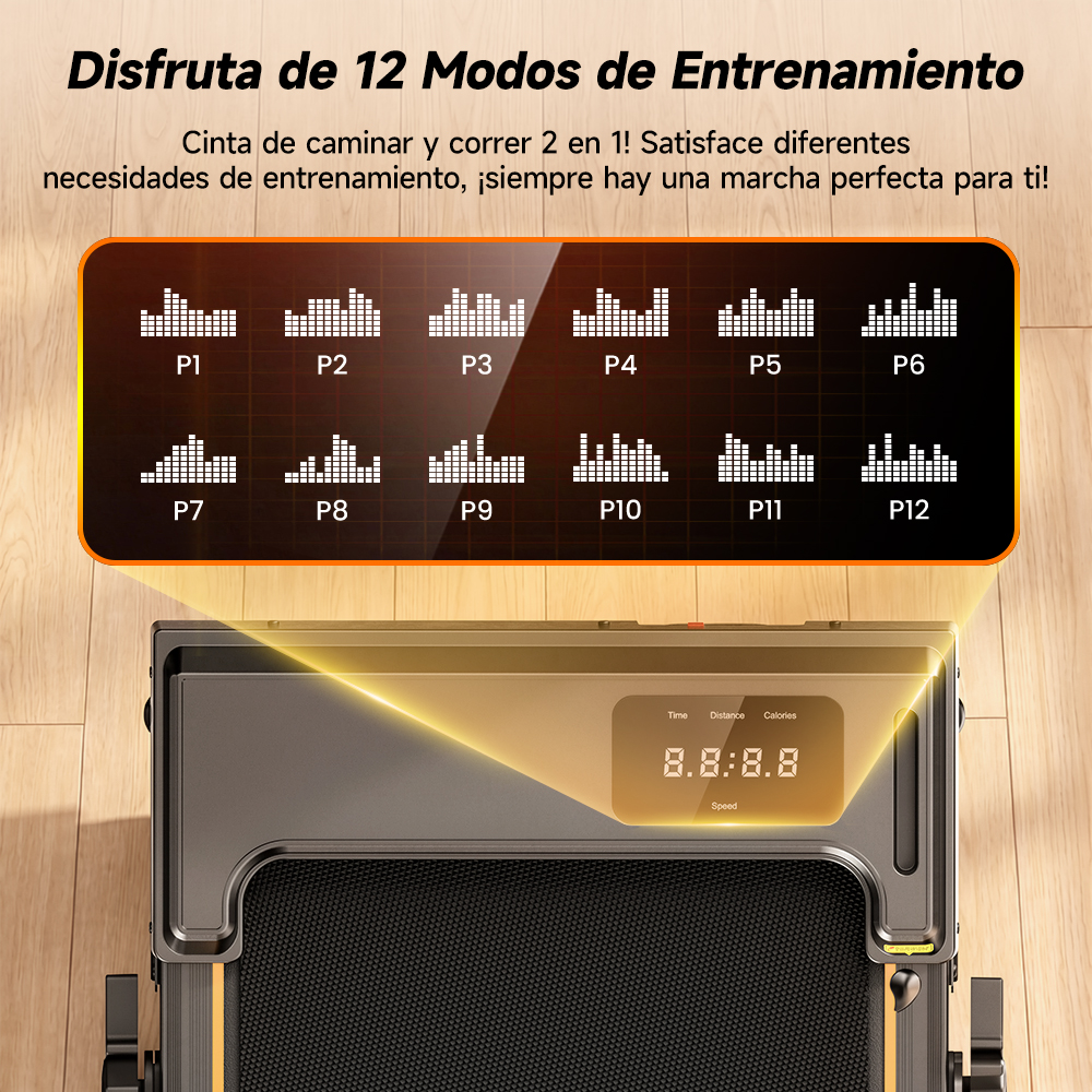 Una consola de caminadora muestra 12 modos de entrenamiento de P1 a P12.