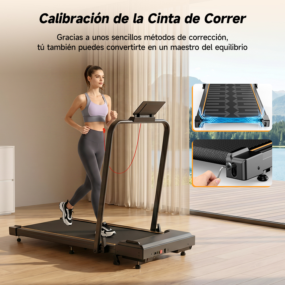 Una mujer corre en una caminadora frente a una ventana con cortinas.