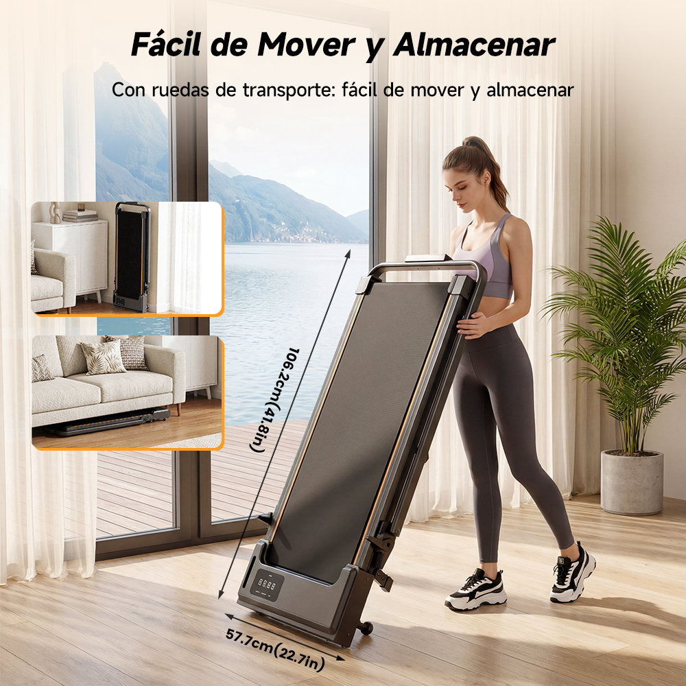 Una mujer en ropa deportiva rueda una caminadora plegada en una habitación luminosa con vista al lago.