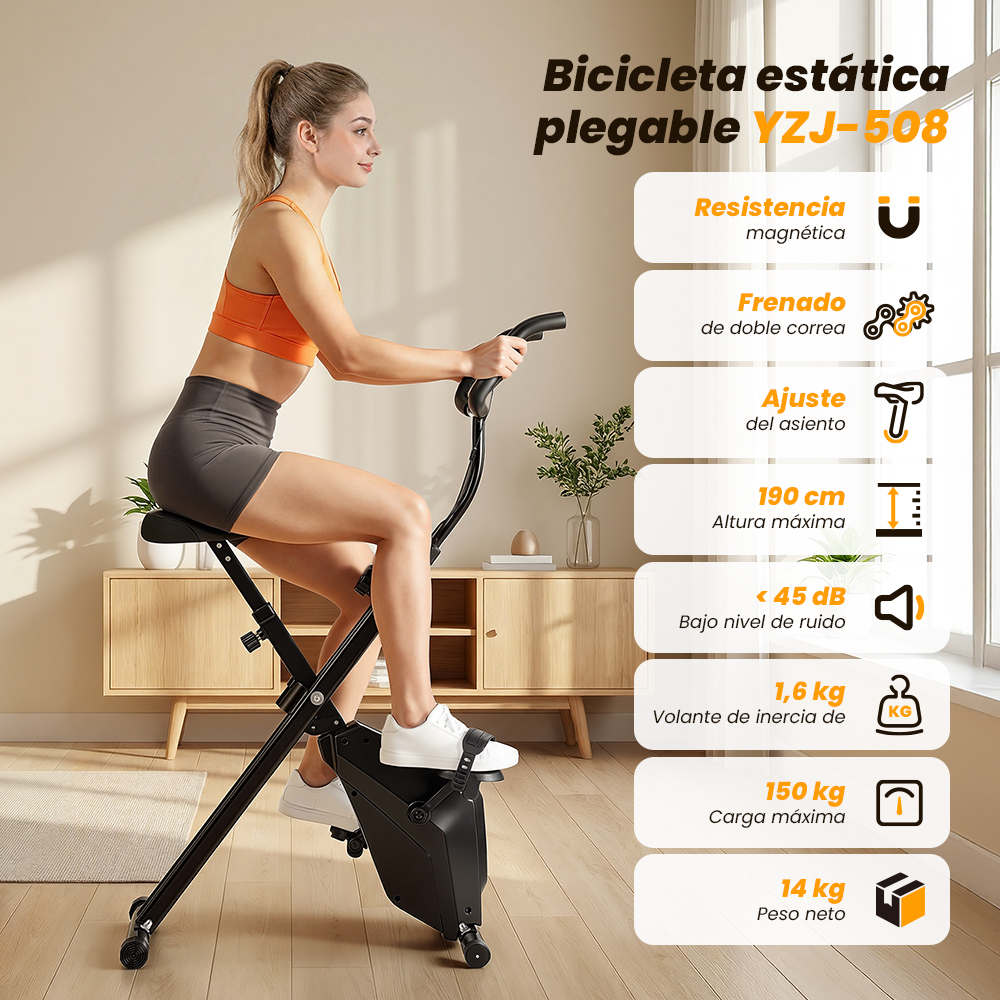 Una mujer rubia con ropa deportiva monta en una bicicleta estática en una habitación luminosa.