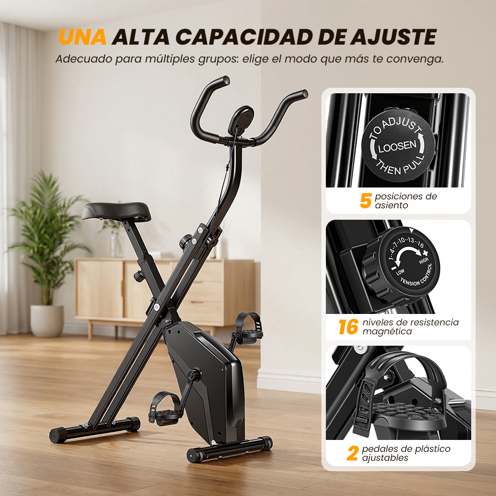 Una bicicleta estática negra en interior con imágenes detalladas de ajuste, resistencia y pedales.