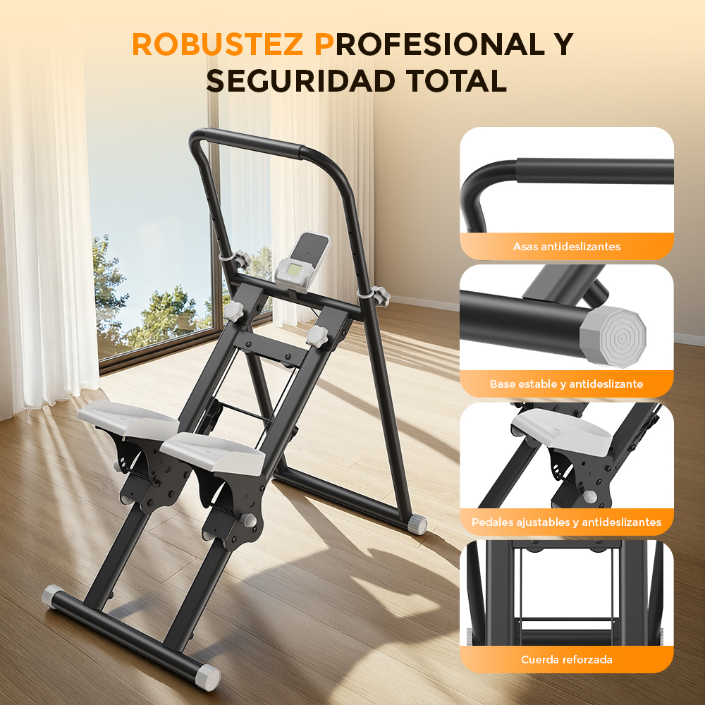 Equipo de fitness negro con pedales ajustables y detalles que muestran asas antideslizantes y base estable.