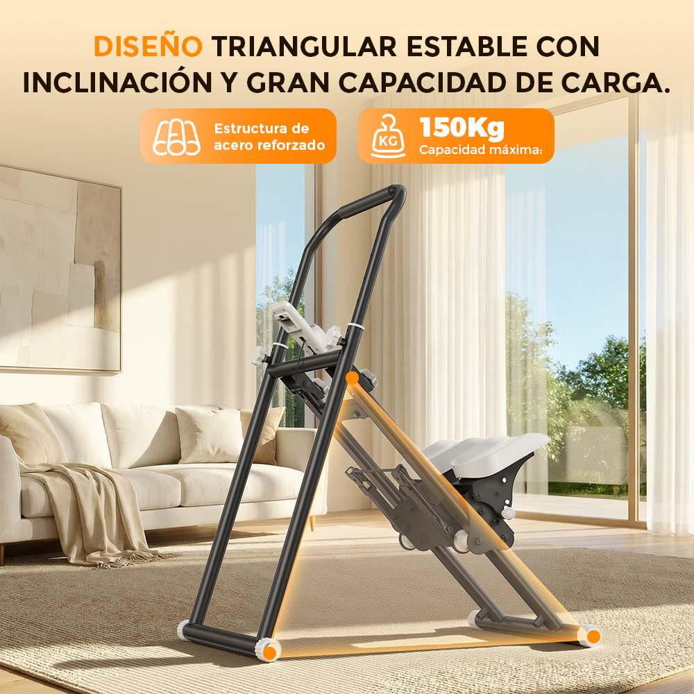 Estable máquina de ejercicio con diseño triangular sobre alfombra en salón.