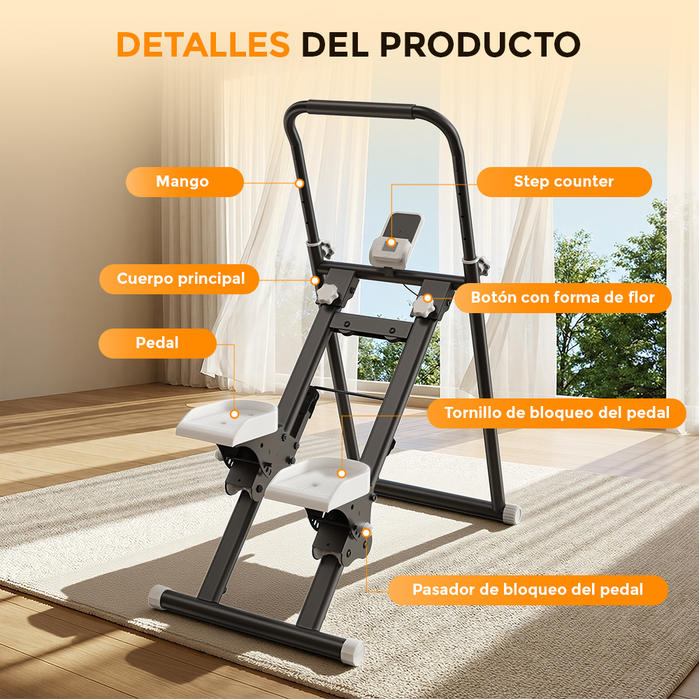 Detalles de un aparato de fitness negro en interiores con partes etiquetadas como mangos, pedales y contador.