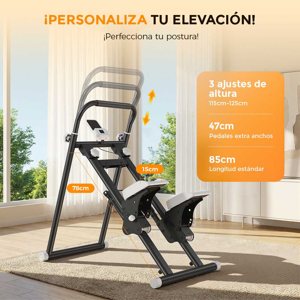 Máquina de ejercicio negra ajustable con cojines blancos sobre una alfombra, con textos sobre altura y medidas.