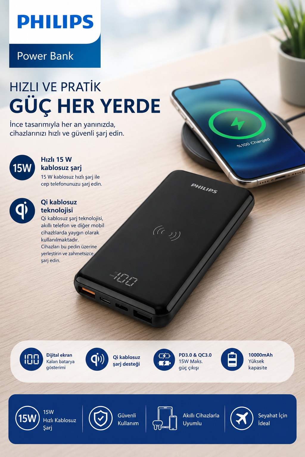 Ahşap masa üzerinde siyah Philips powerbank ve kablosuz şarj olan telefon.