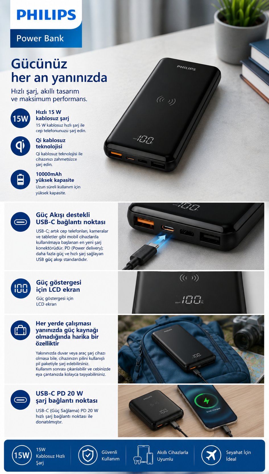 10000mAh kapasiteli, hızlı kablosuz şarj ve USB-C bağlantı noktalarına sahip Philips taşınabilir şarj cihazı.
