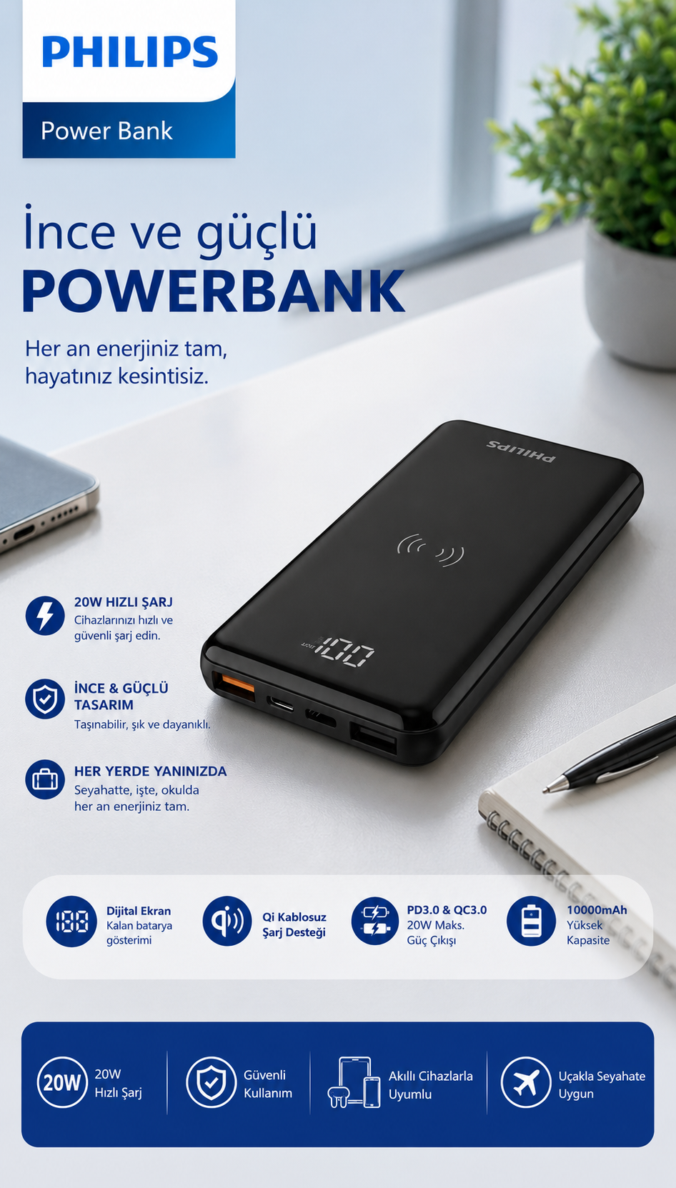 Ahşap masa üzerinde siyah Philips powerbank, not defteri, kalem ve arka planda bitki.