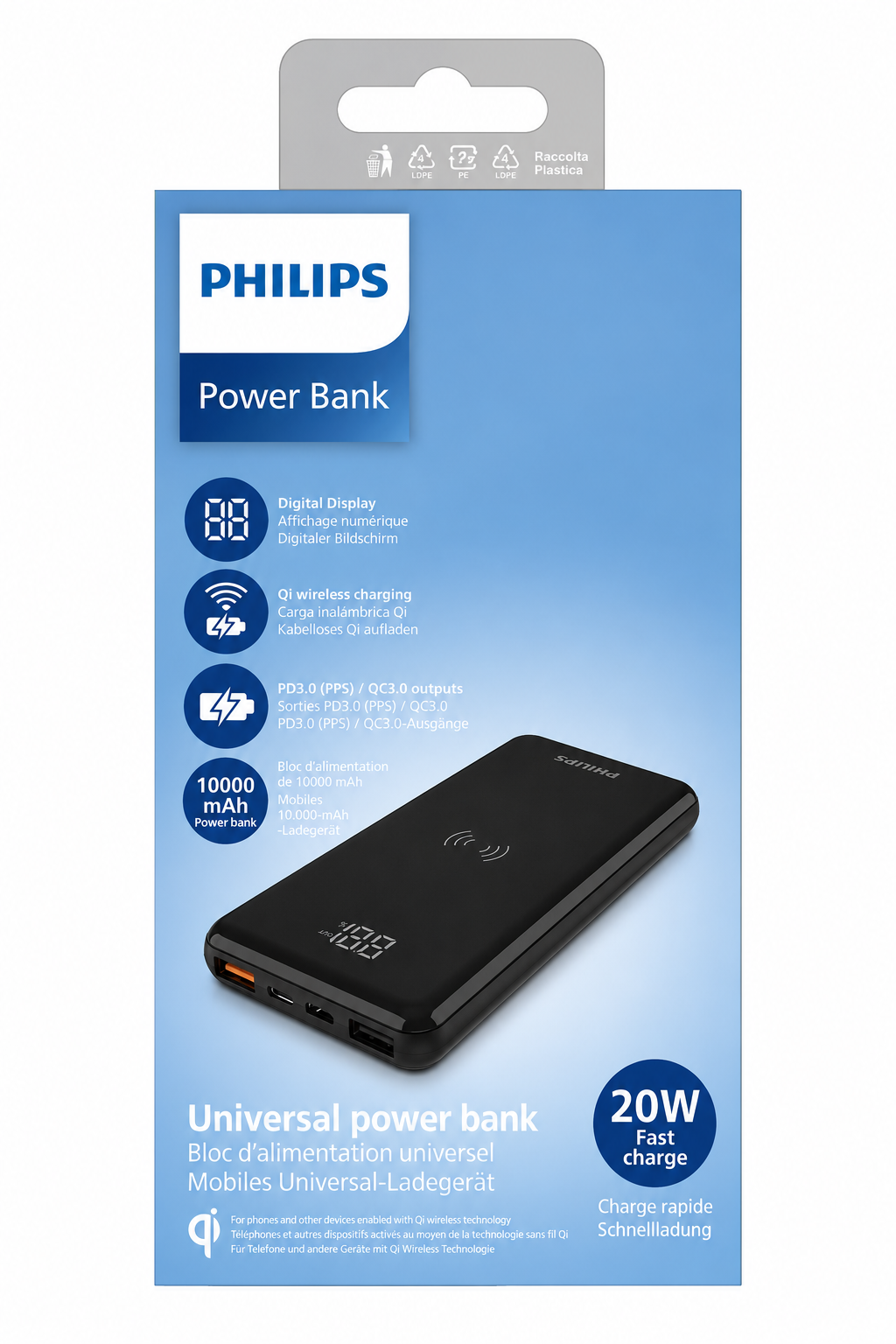 10000 mAh kapasite ve 20W hızlı şarj özellikli ambalajında Philips powerbank.