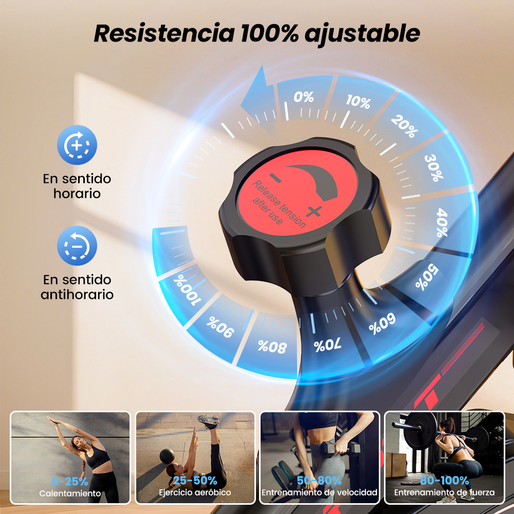 Perilla de resistencia ajustable con escala porcentual del 0% al 100% y cuatro niveles de entrenamiento.