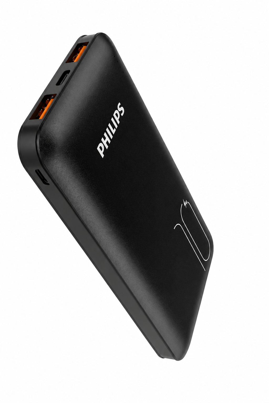 Beyaz arka planda birden fazla USB bağlantı noktasına sahip siyah Philips taşınabilir şarj cihazı.
