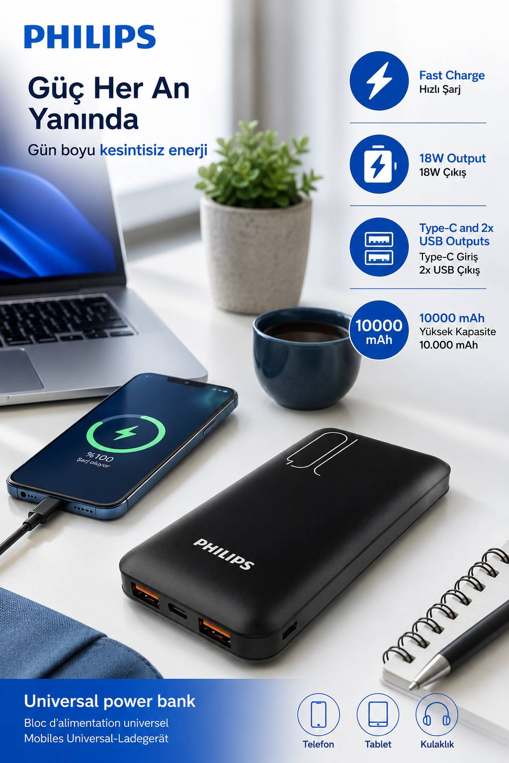 Şarj olan telefon, dizüstü bilgisayar ve kahve fincanının yanında masada siyah Philips powerbank.
