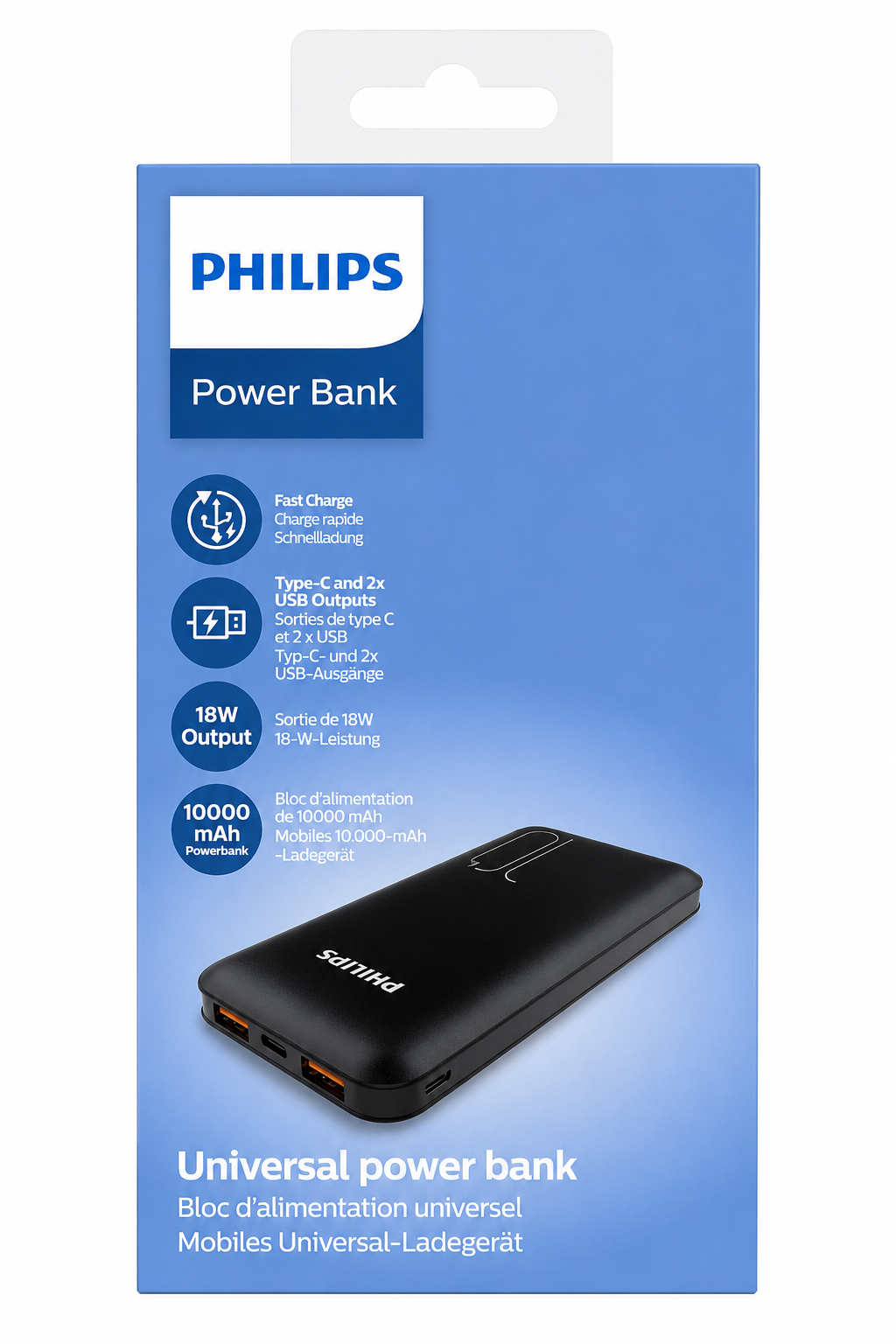 Siyah cihazlı mavi Philips powerbank ambalajı.