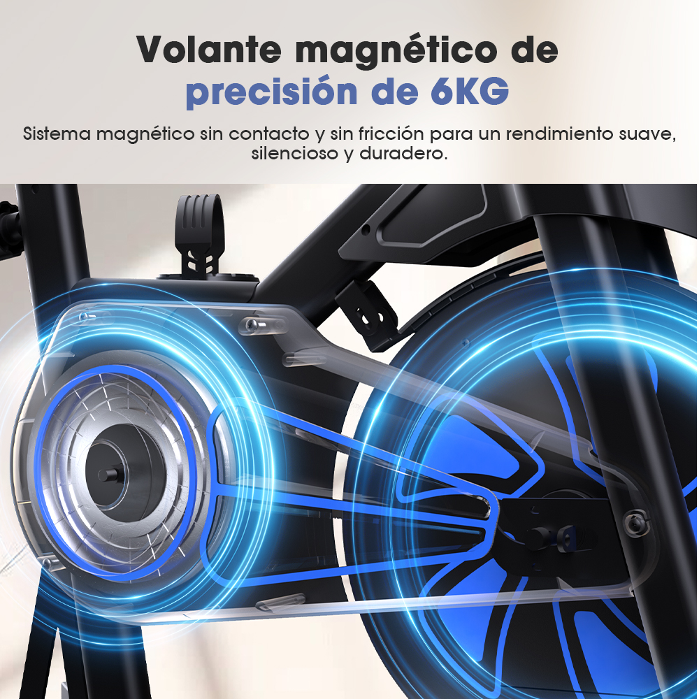 Primer plano del mecanismo de bicicleta estática con volante magnético azul y texto.