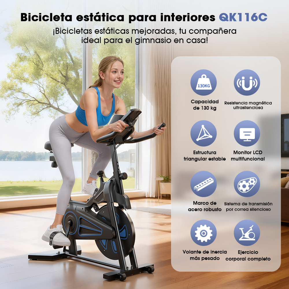 Una mujer en ropa deportiva entrena en una bicicleta estática frente a un gran ventanal, con iconos de características.