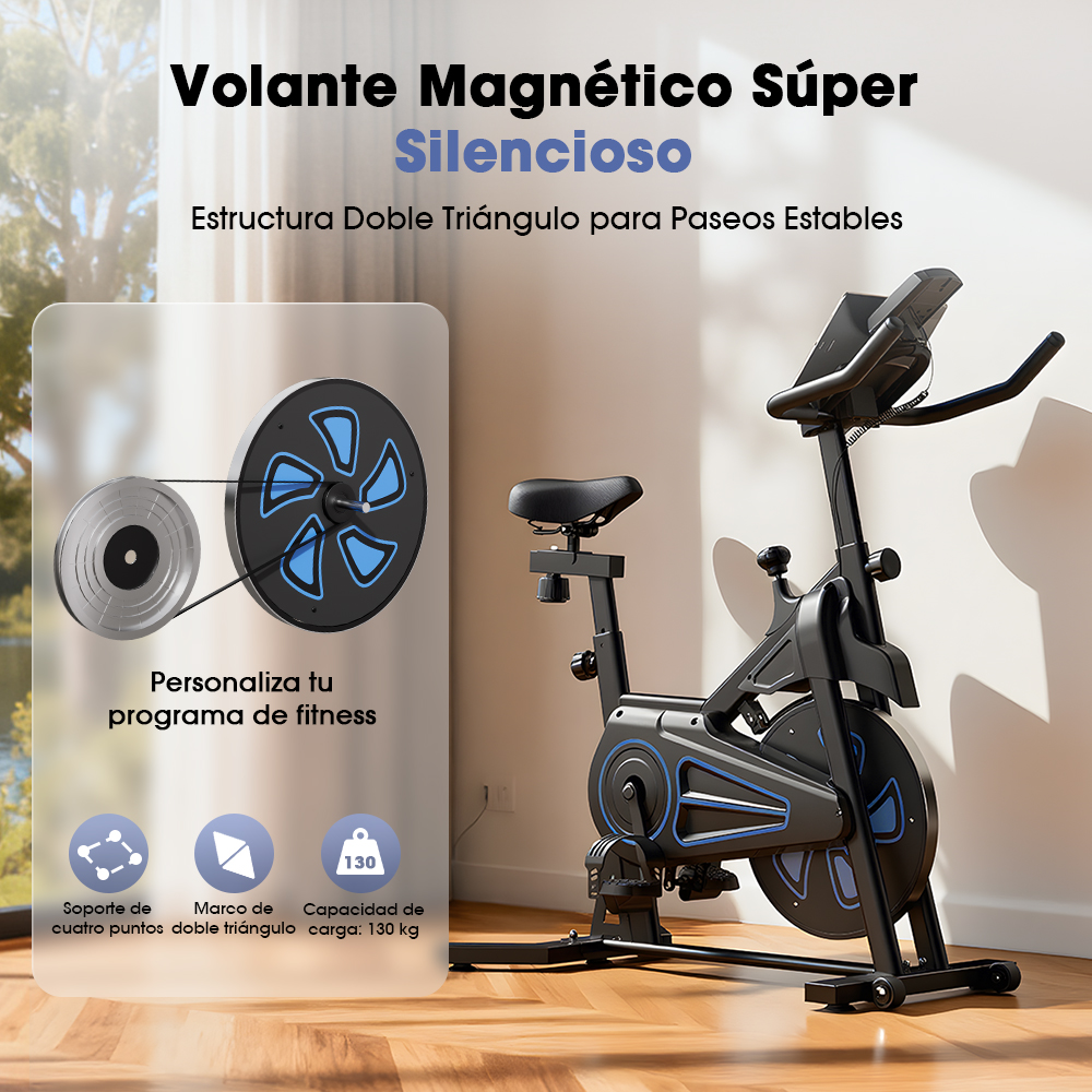 Una bicicleta estática negra con volante azul y textos en español en una habitación luminosa.