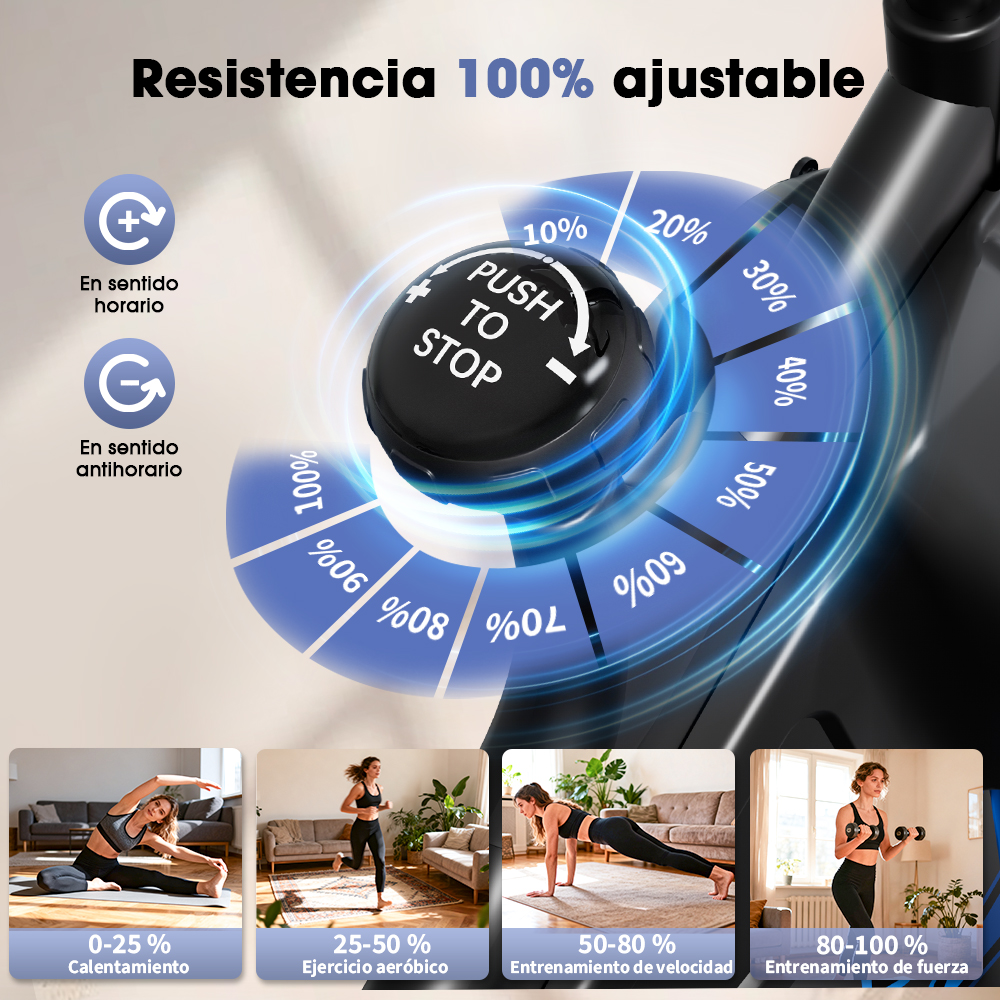 Perilla de resistencia ajustable con visualización de porcentaje del 10% al 100% y cuatro ejemplos de entrenamiento.