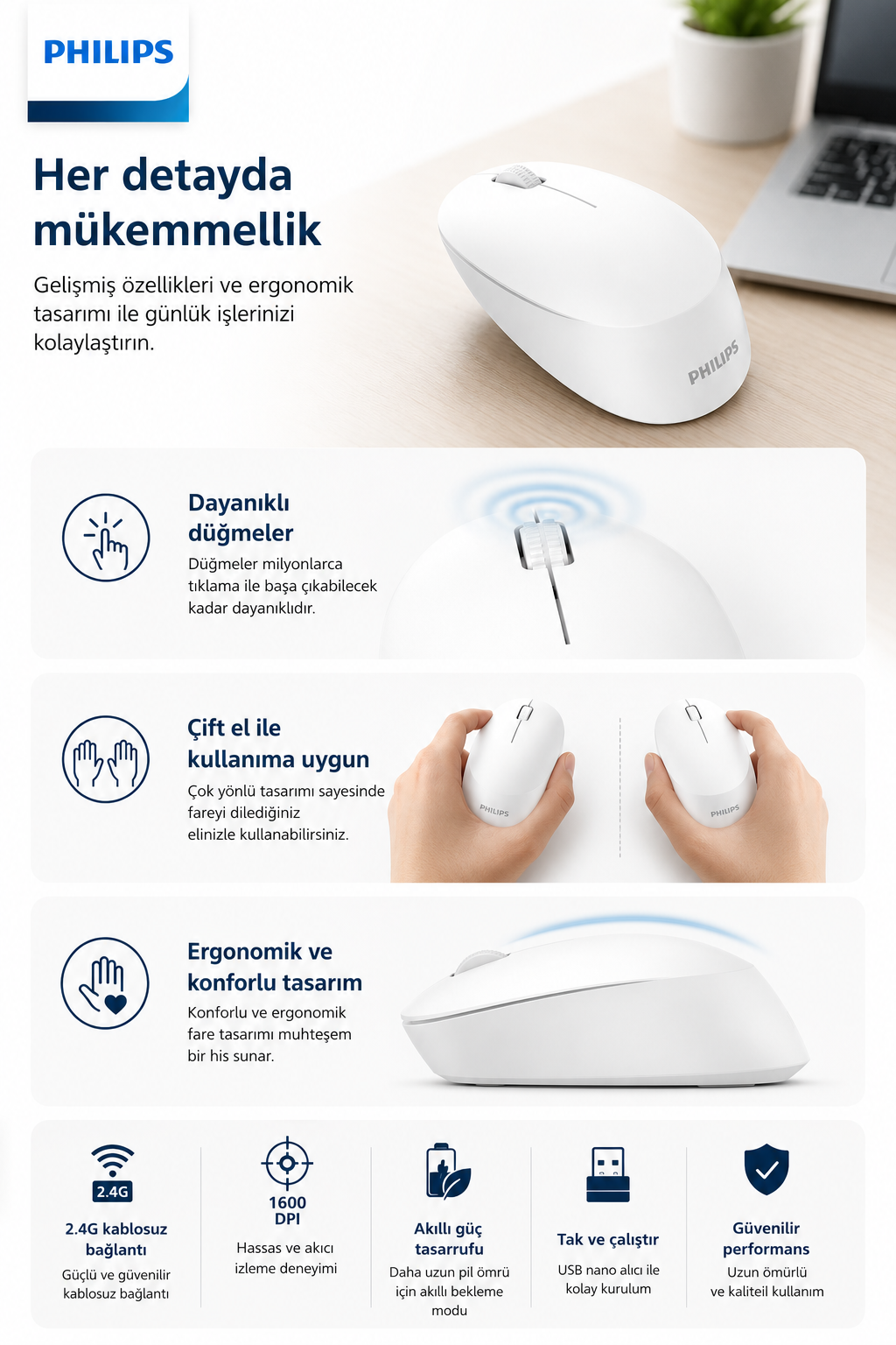 Dayanıklılık, ergonomik tasarım ve özellikleri vurgulayan beyaz bir Philips kablosuz fare reklamı.