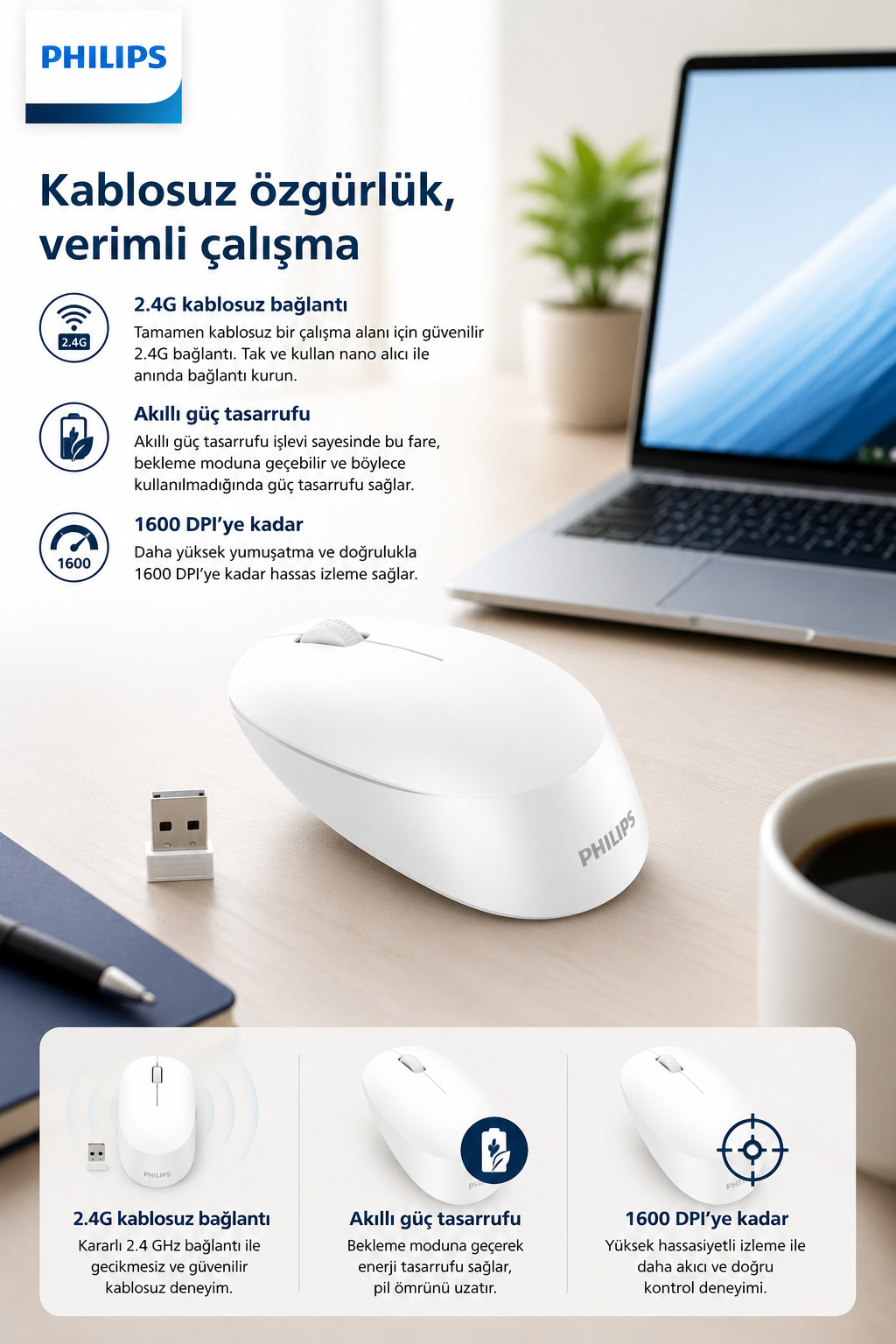 Laptop, kahve kupası ve özellik açıklamalarının olduğu masada beyaz Philips kablosuz fare ve USB alıcı.