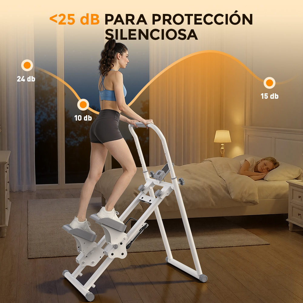 Una mujer hace ejercicio en un aparato silencioso mientras alguien duerme plácidamente en una cama.