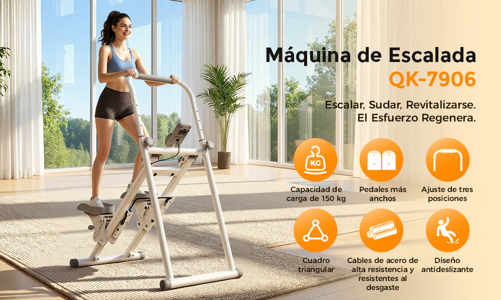 Una mujer hace ejercicio en una máquina de escalada frente a una ventana grande.