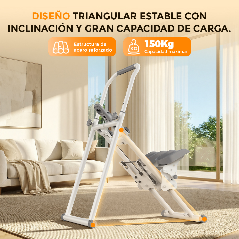 Un aparato de fitness blanco con diseño triangular y 150 kg de capacidad de carga en una sala luminosa.