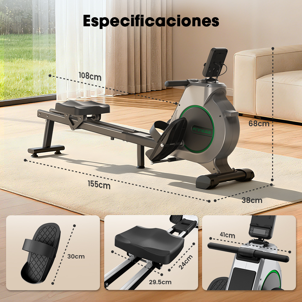 Una máquina de remo gris sobre una alfombra con dimensiones y tres recuadros de detalle.