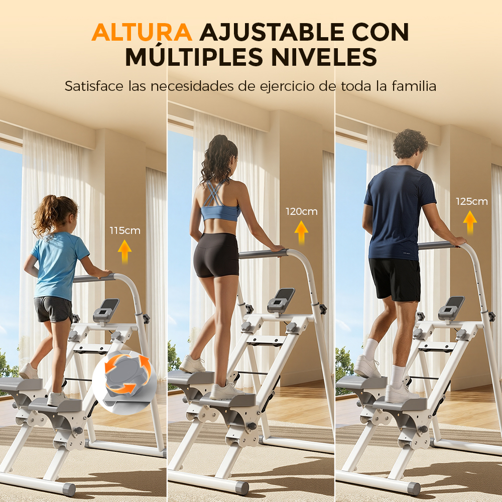 Un niño, una mujer y un hombre usan una máquina de escalada vertical en diferentes alturas.