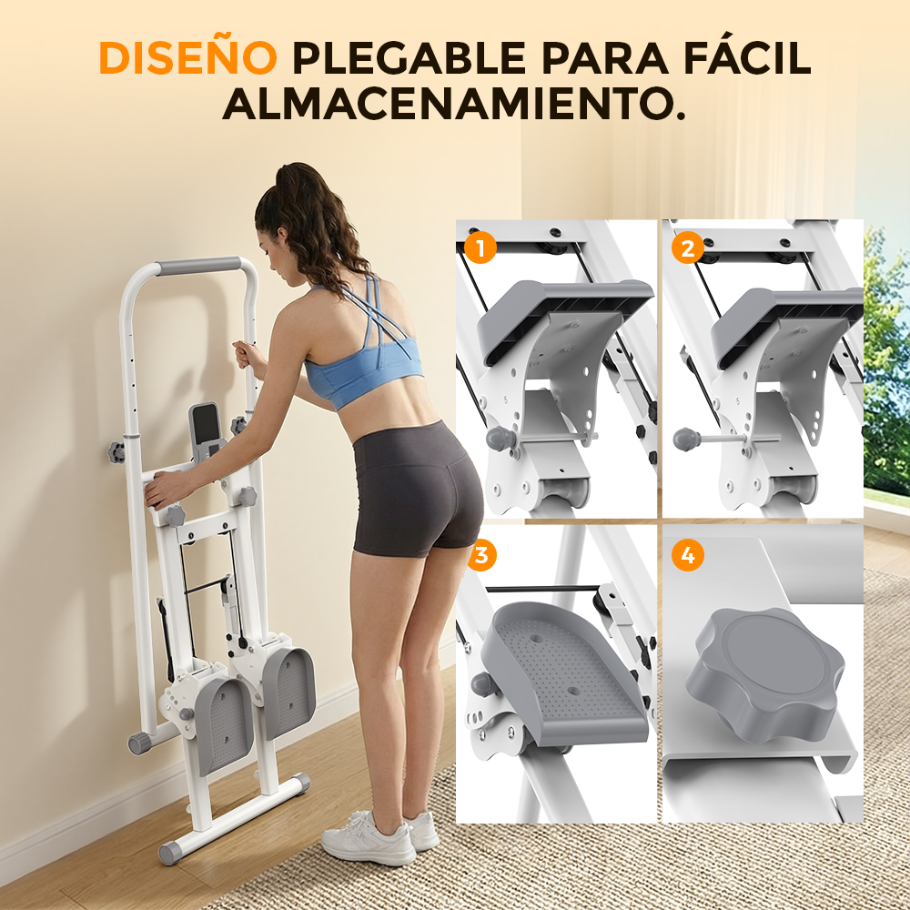 Una mujer pliega una máquina de fitness blanca contra la pared, con cuatro detalles.