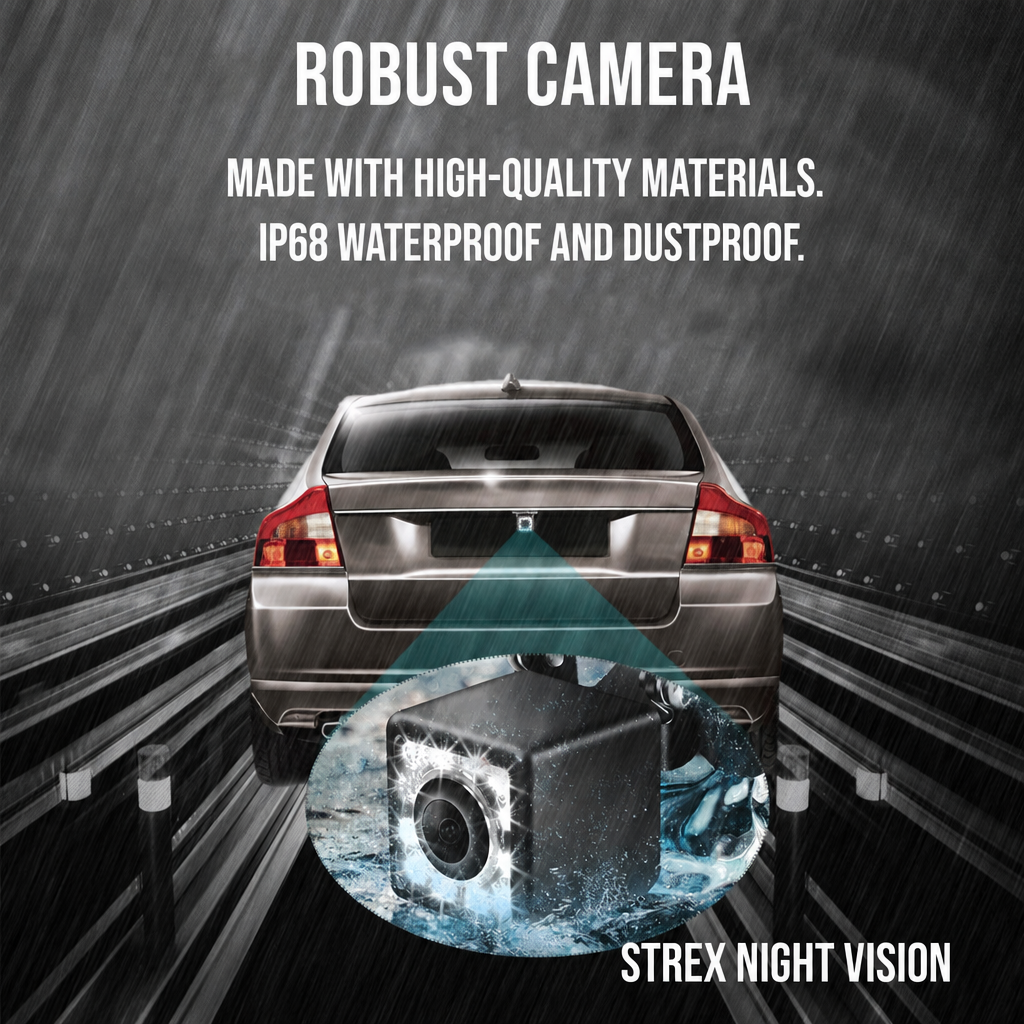 Waterdichte achteruitrijcamera op een auto in de regen 's nachts.